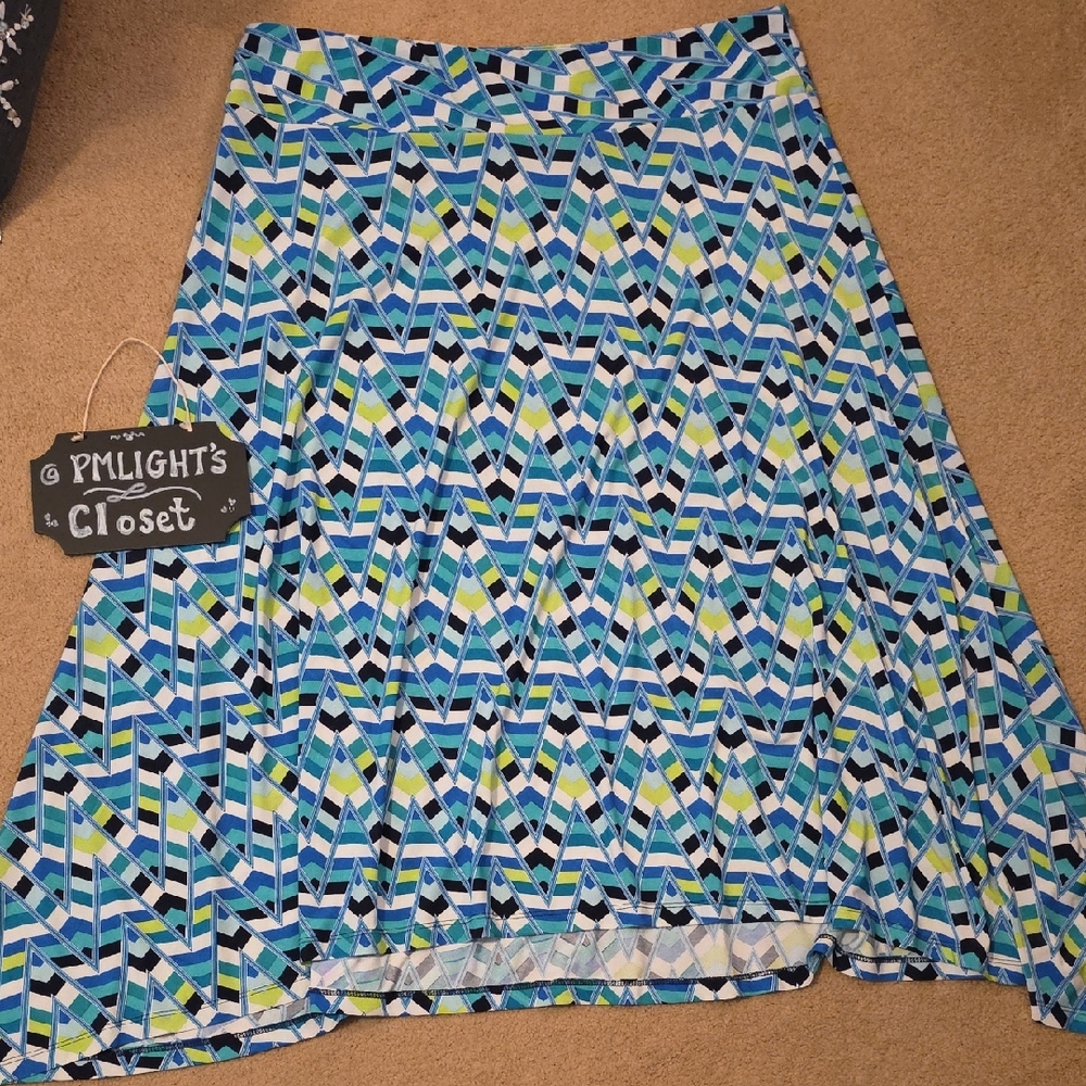 New Directions Geometric Patterned A-Line Skirt XL Teal Blue Black Lime White
